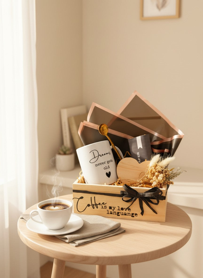 Kintoir Coffee Is My Love Language gift box featuring a ceramic mug, gold spoon, heart coaster, and dried flowers.