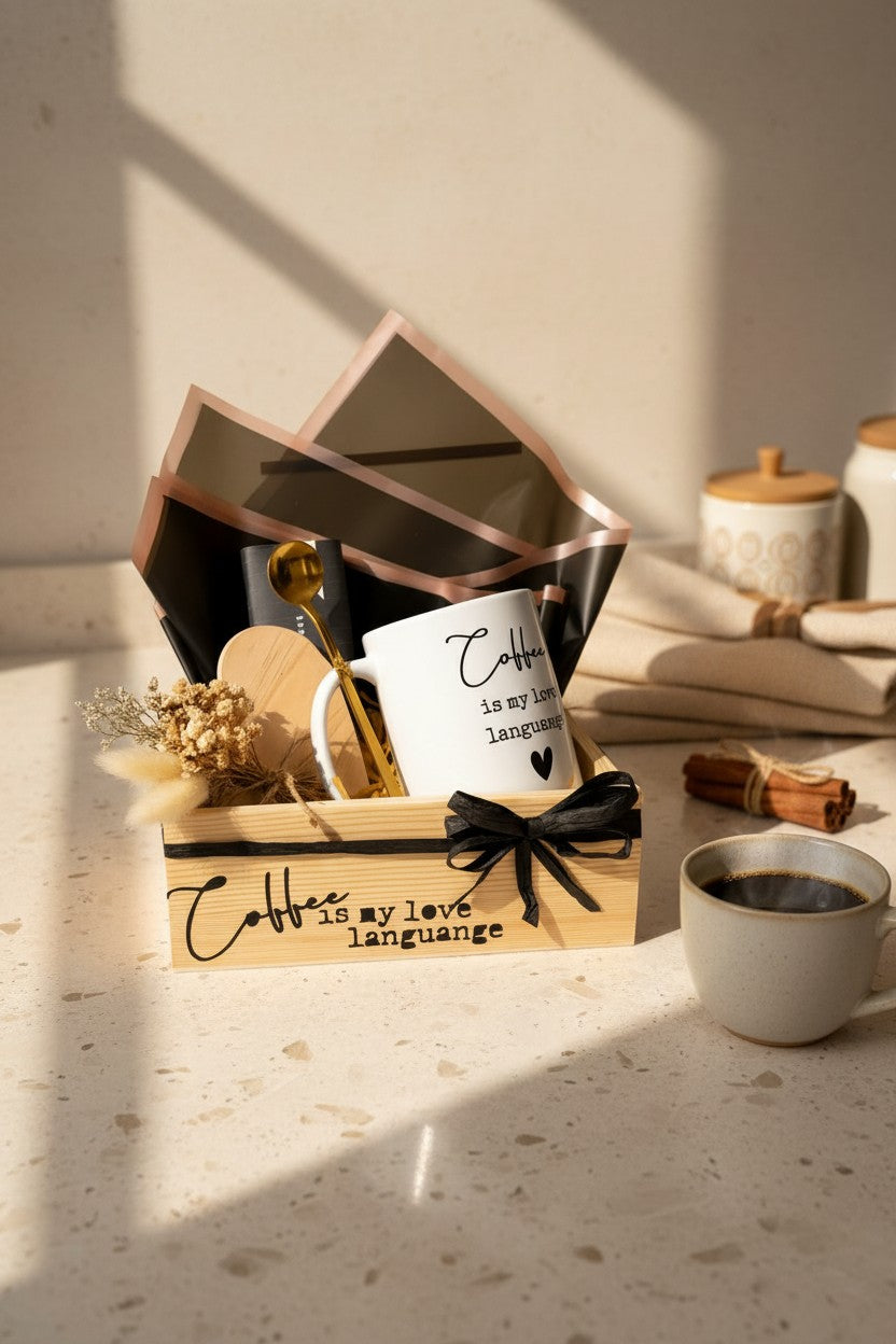 Kintoir Coffee Is My Love Language gift box featuring a ceramic mug, gold spoon, wooden coaster, and dried flowers.