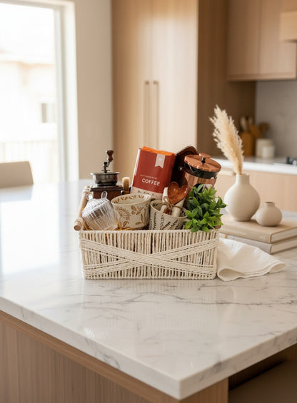Copper House ready-to-gift coffee basket displayed on a kitchen island