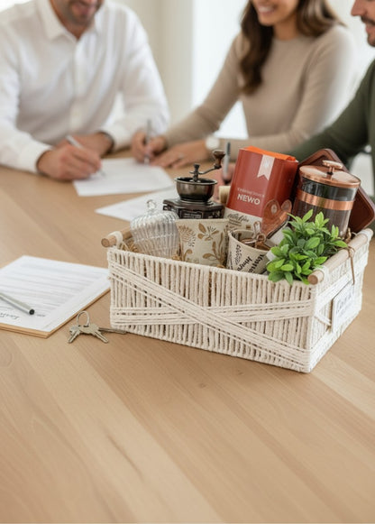 Copper House French press coffee basket displayed beside closing documents