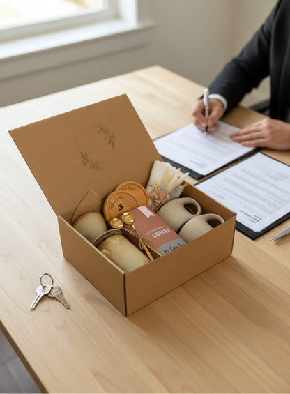 Kintoir Cozy Mornings coffee gift box featuring ceramic mugs, gold spoons, wooden coasters, and coffee on a desk.