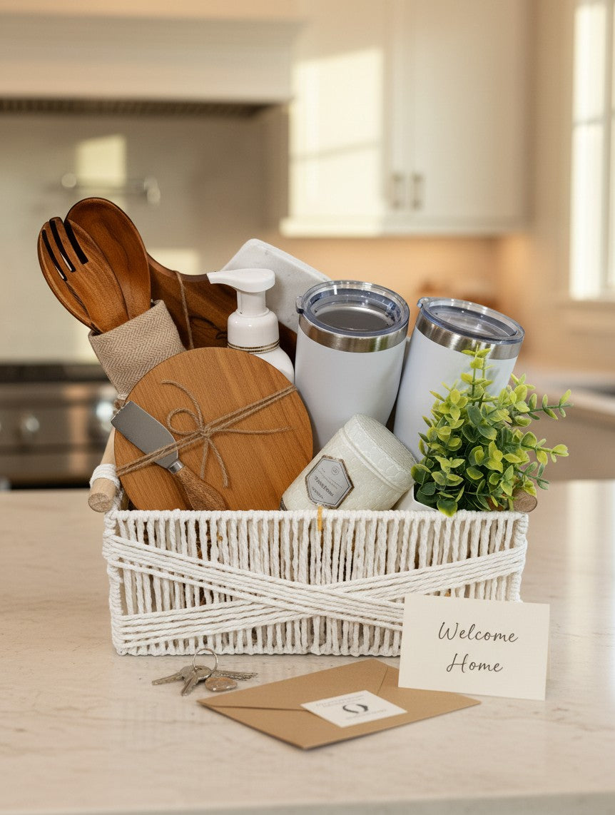 Kintoir Cozy Home Essentials gift basket featuring wooden boards, tumblers, a candle, and faux plant on a kitchen counter