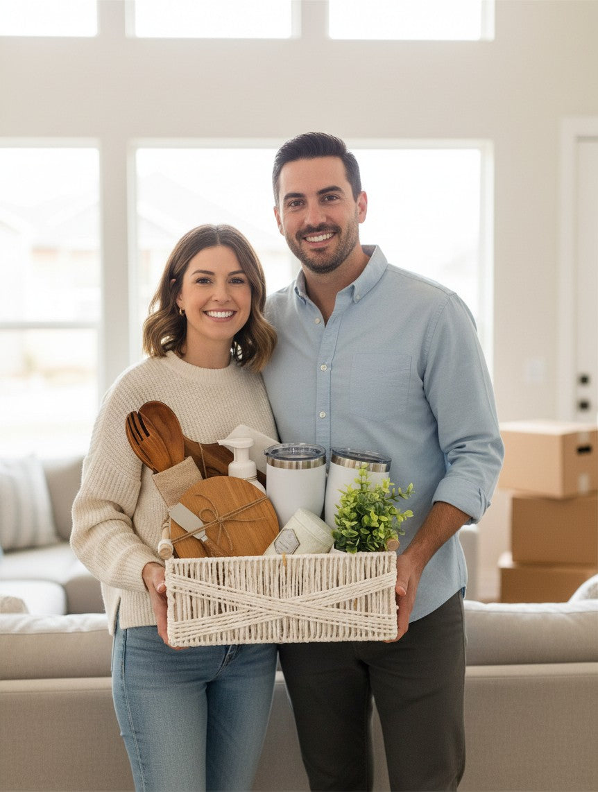 A smiling couple holding a Kintoir Cozy Home Essentials gift basket filled with kitchen items and decor in a new home.