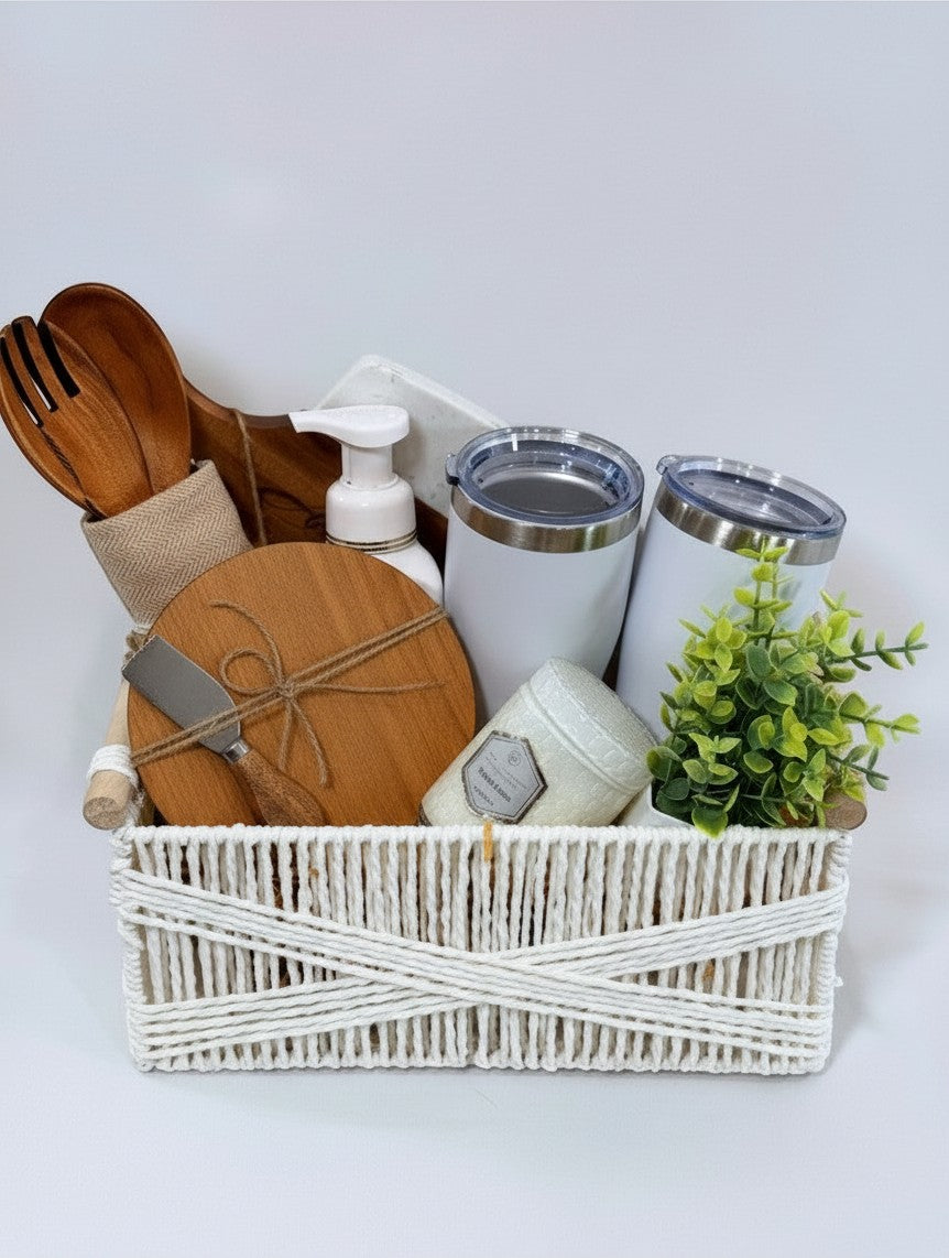 Cozy Home Essentials ready-to-gift new home basket with tumblers, wooden boards, and coordinated home essentials | Kintoir
