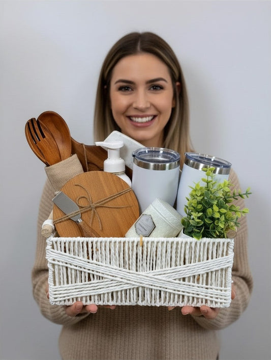 Cozy Home Essentials ready-to-gift housewarming gift basket with tumblers, wooden boards, candle, and kitchen essentials | Kintoir
