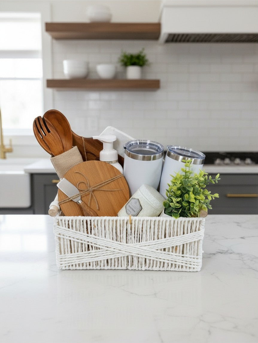 Woman holding Cozy Home Essentials ready-to-gift housewarming basket with tumblers, wooden boards, and home accents | Kintoir