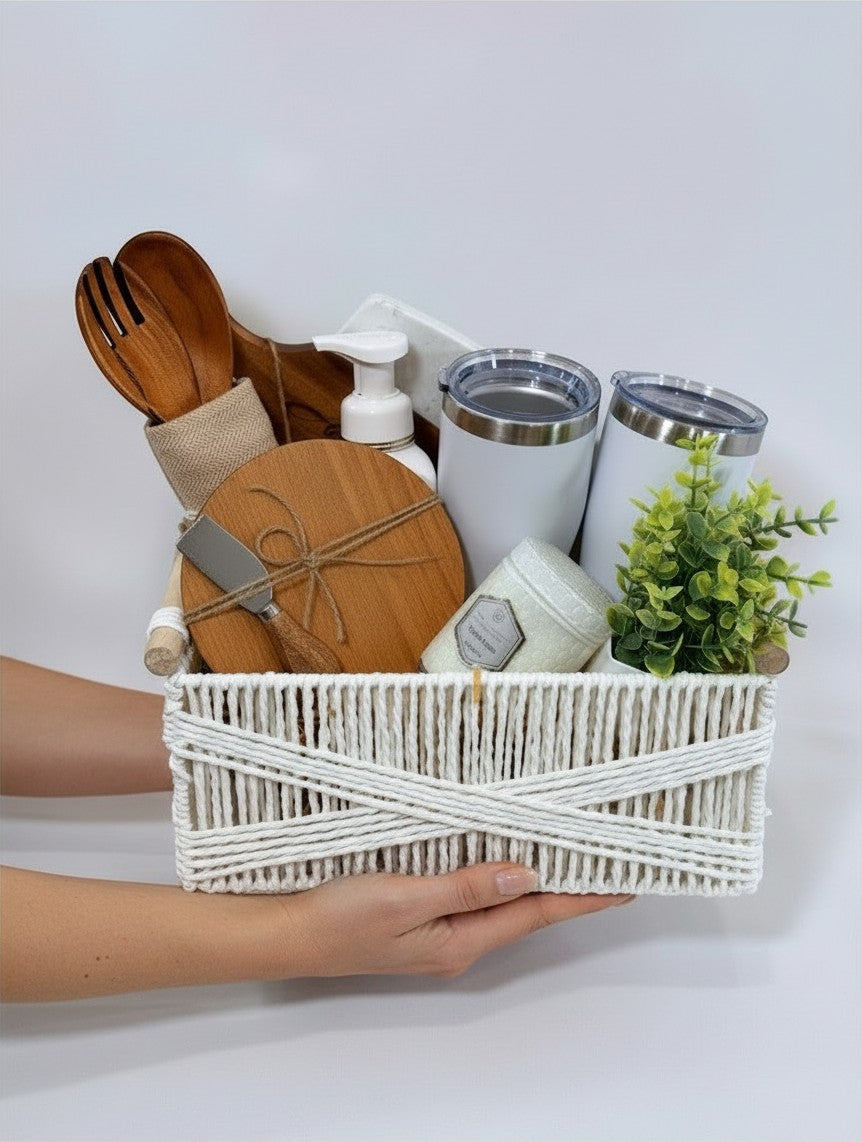 Cozy Home Essentials new homeowner gift basket with tumblers, wooden boards, candle, and kitchen essentials | Kintoir