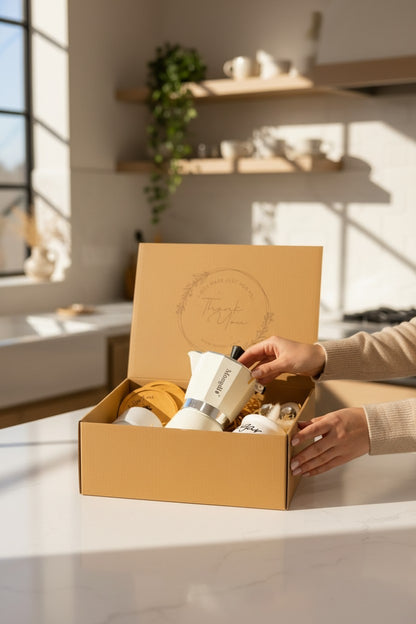 Kintoir luxury espresso gift box featuring a white stovetop coffee maker, mugs, and wood coasters in a kraft box.