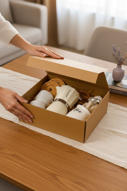 Kintoir luxury espresso gift box featuring a stovetop maker, ceramic mugs, wood coasters, and sugar bowl in kraft box