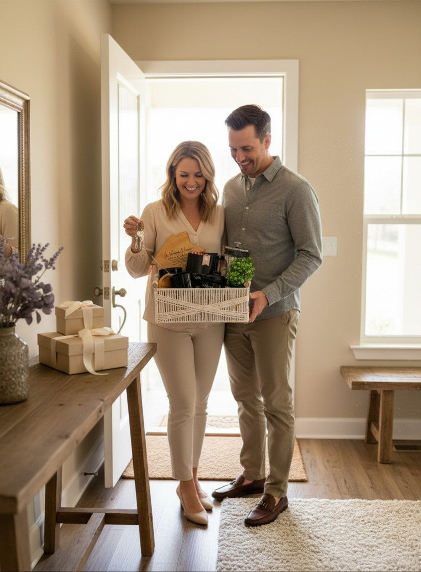 New homeowners enjoying the Silver Press coffee gift basket