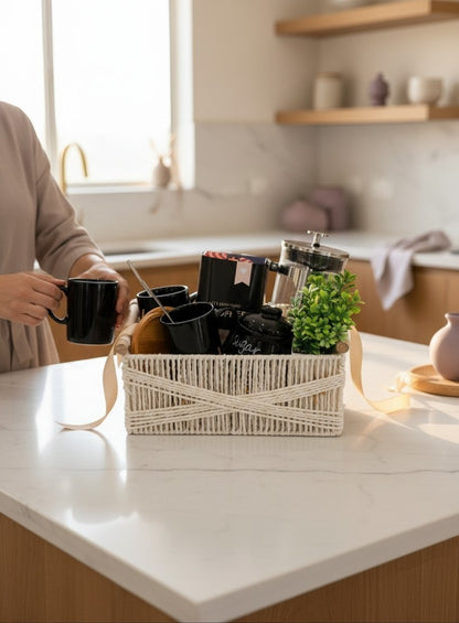 Silver Press ready-to-gift French press coffee basket with black mugs and coffee accessories