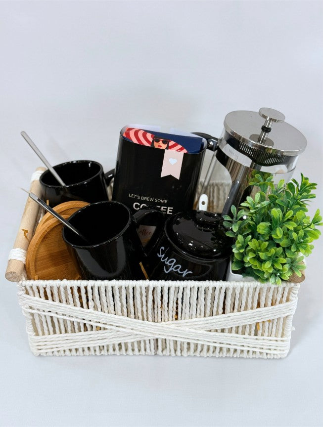 Silver Press ready-to-gift coffee basket with black mugs, French press and wooden accents