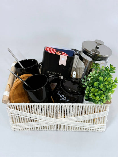 Silver Press ready-to-gift coffee basket with black mugs, French press and wooden accents