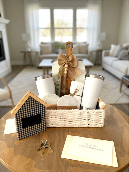 Closing Day Welcome gift basket beside real estate closing documents