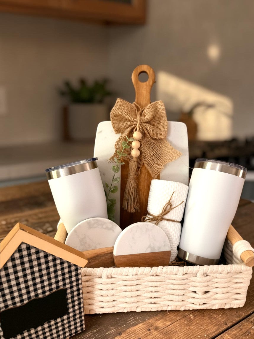 Closing Day Welcome ready-to-gift Realtor closing basket with tumblers, cutting board and new-home accents