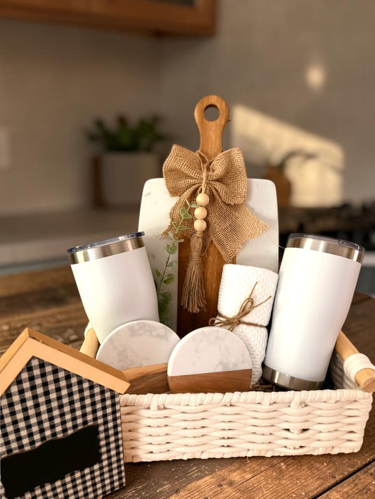 Closing Day Welcome ready-to-gift Realtor closing basket with tumblers, cutting board and new-home accents