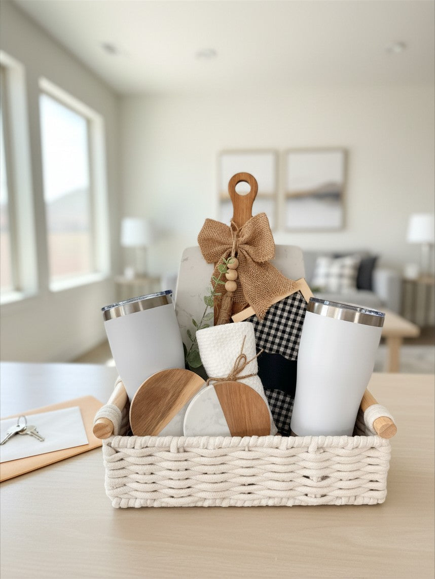 Ready-to-gift closing basket with tumblers and new-home accents