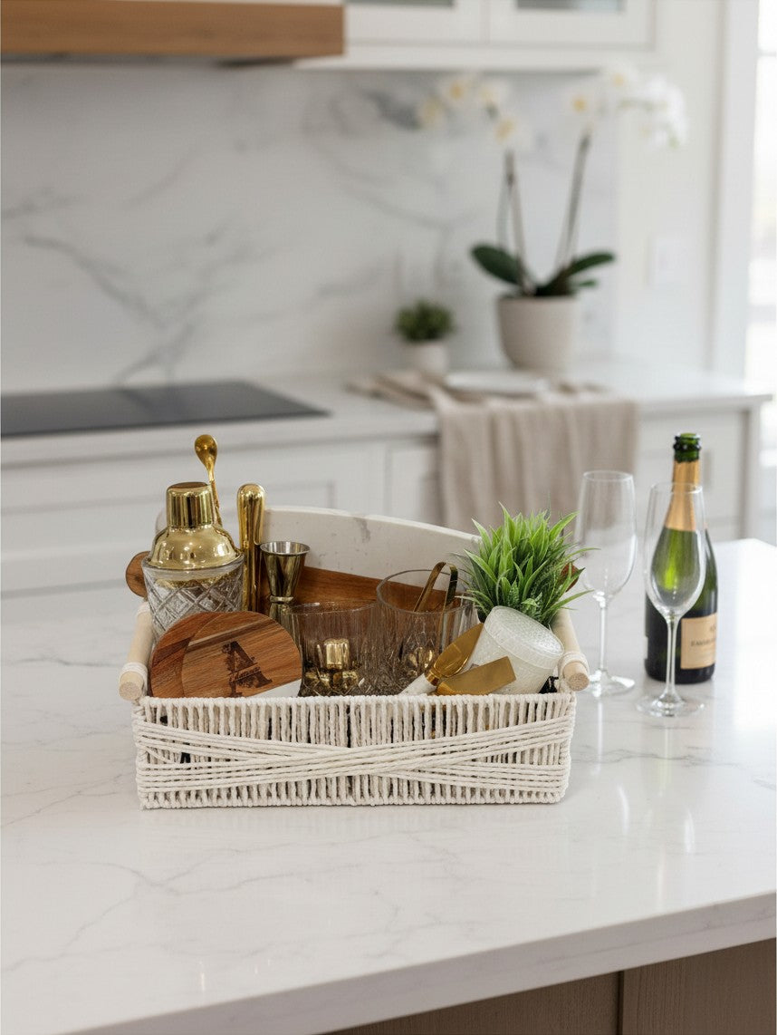 Golden Hour Entertainer luxury personalized cocktail gift basket displayed in a bright modern kitchen | Kintoir