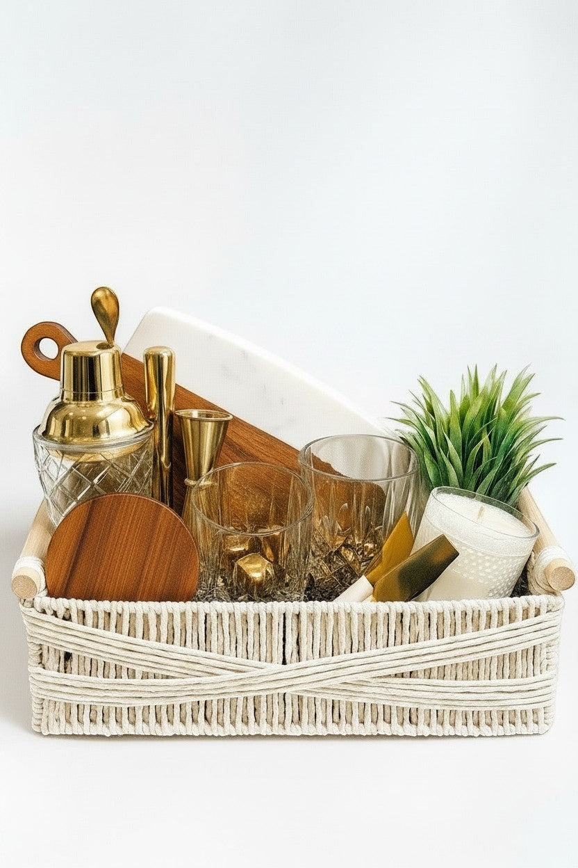 Kintoir Golden Hour Entertainer cocktail gift basket with gold bar tools, glassware, and a personalized board.