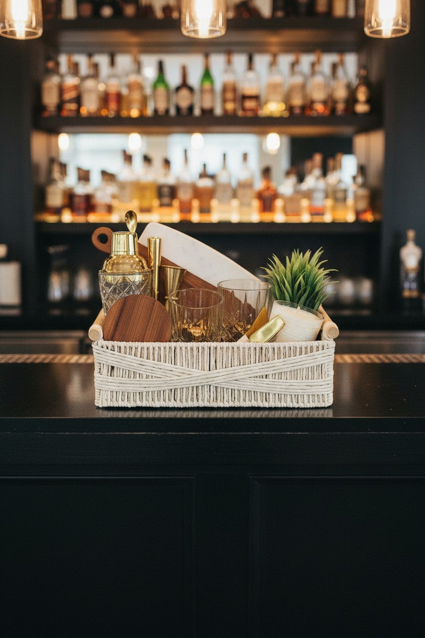 Kintoir Golden Hour Entertainer Essentials cocktail gift basket with bar tools, glasses, and wood board in white bin