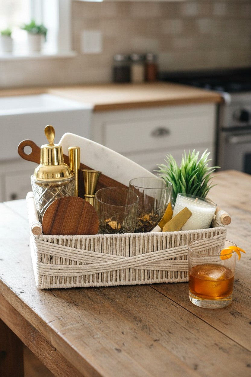 Kintoir Golden Hour Entertainer Essentials cocktail gift basket with shaker, glasses, and bar tools in a white bin.