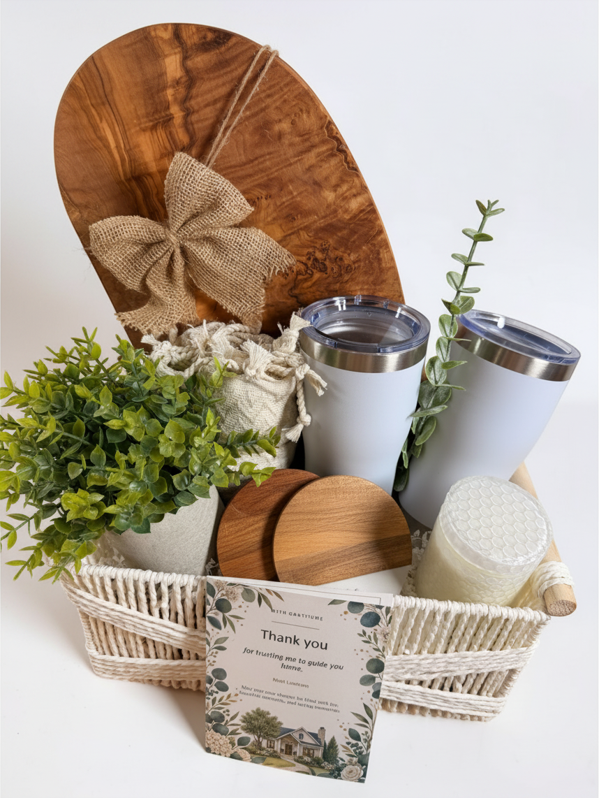 Ready-to-gift new homeowner basket with olive wood board, tumblers, wood coasters, candle and faux plant