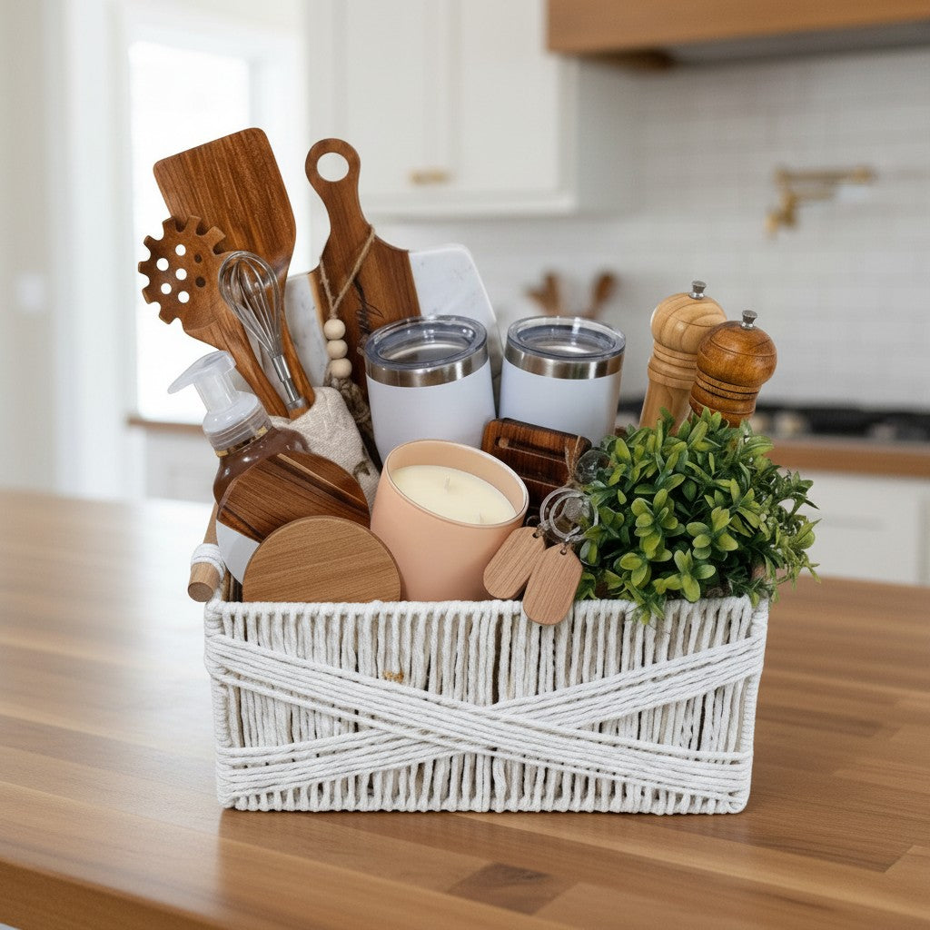 Home Sweet Home luxury ready-to-gift Realtor closing gift basket with tumblers, cutting board, kitchen essentials, and home accents | Kintoir