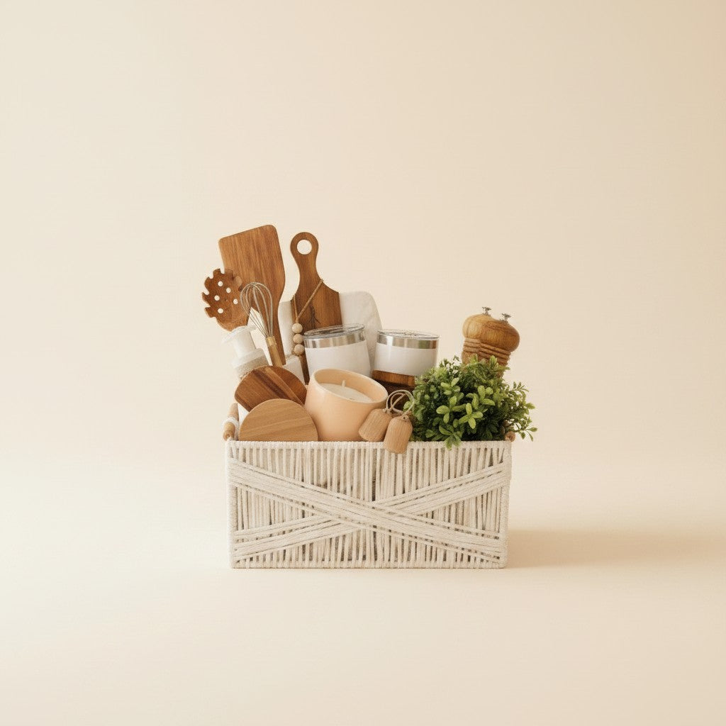 Kintoir Home Sweet Home gift basket featuring kitchen essentials, wooden utensils, and a faux plant in a white basket.