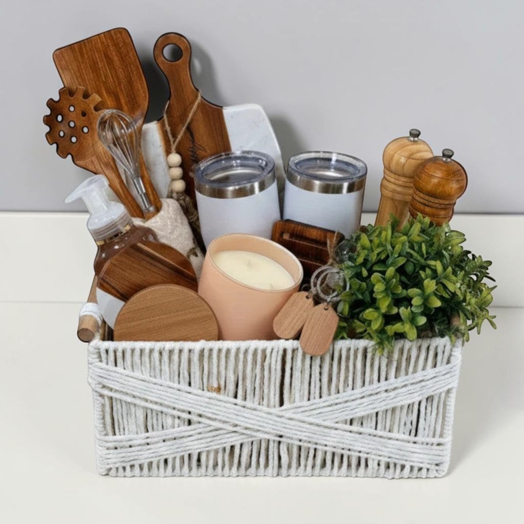 Home Sweet Home luxury new homeowner gift basket with kitchen essentials and home accents in a modern kitchen | Kintoir