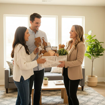 Kintoir Home Sweet Home gift basket presented by a realtor to a happy couple in their new modern living room.