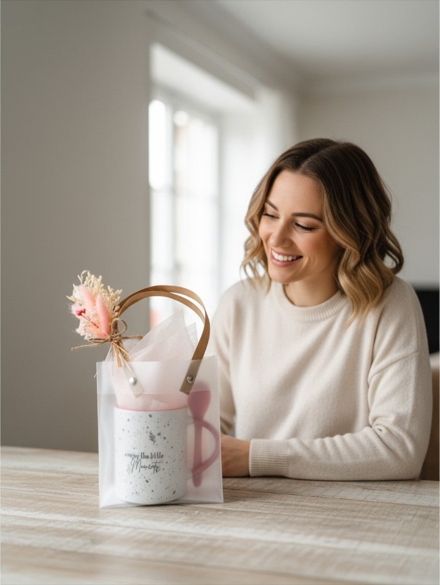 Kintoir Little Moments Mug Gift Set featuring a speckled ceramic mug in a frosted tote with dried floral accents.