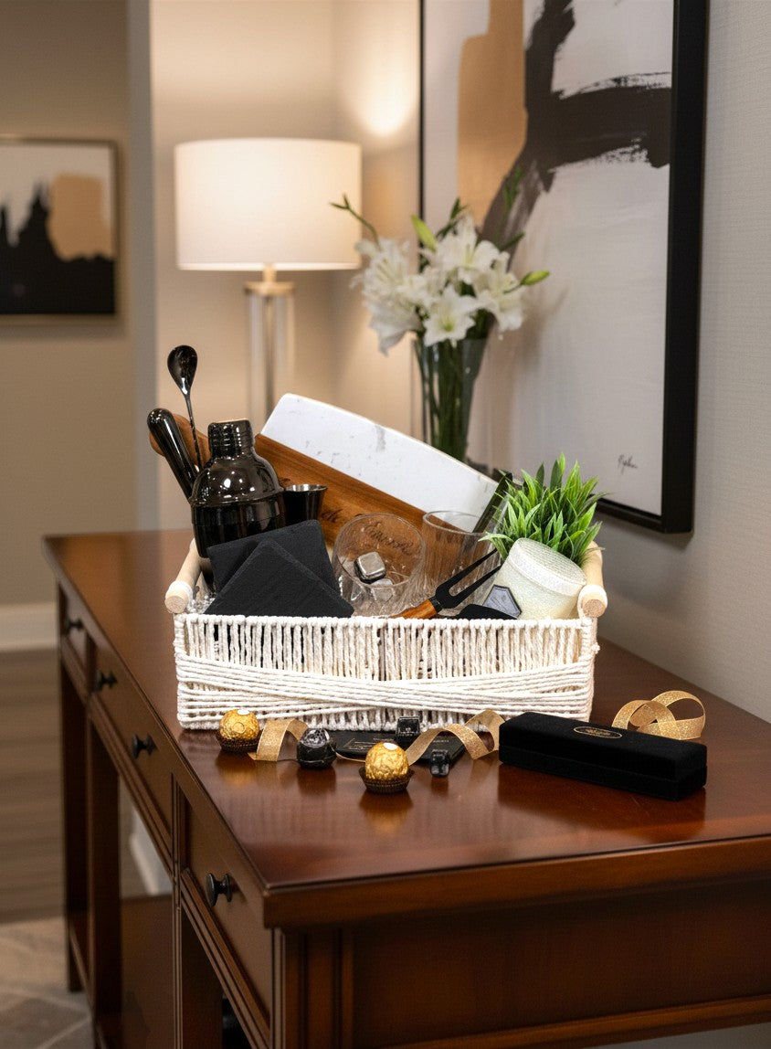 Kintoir luxury cocktail gift basket featuring a shaker, glasses, cutting board, and bar tools in a white woven basket.