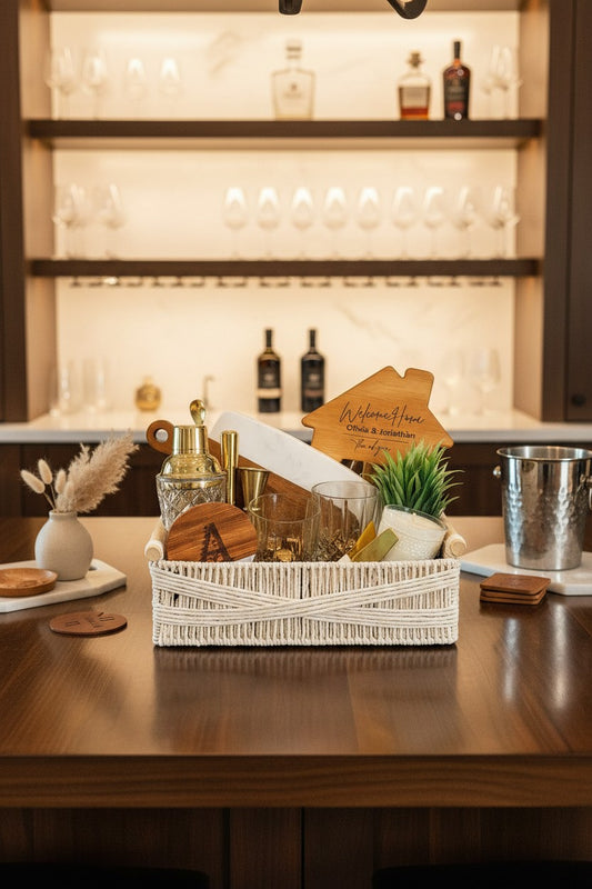 Kintoir luxury cocktail gift basket featuring gold bar tools, personalized wooden cutting board, and glassware.