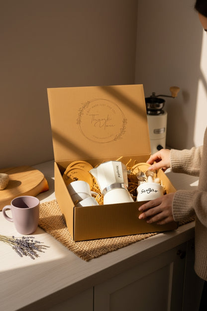 Kintoir luxury espresso gift box featuring a white stovetop maker, mugs, sugar bowl, and wood coasters in a kraft box.