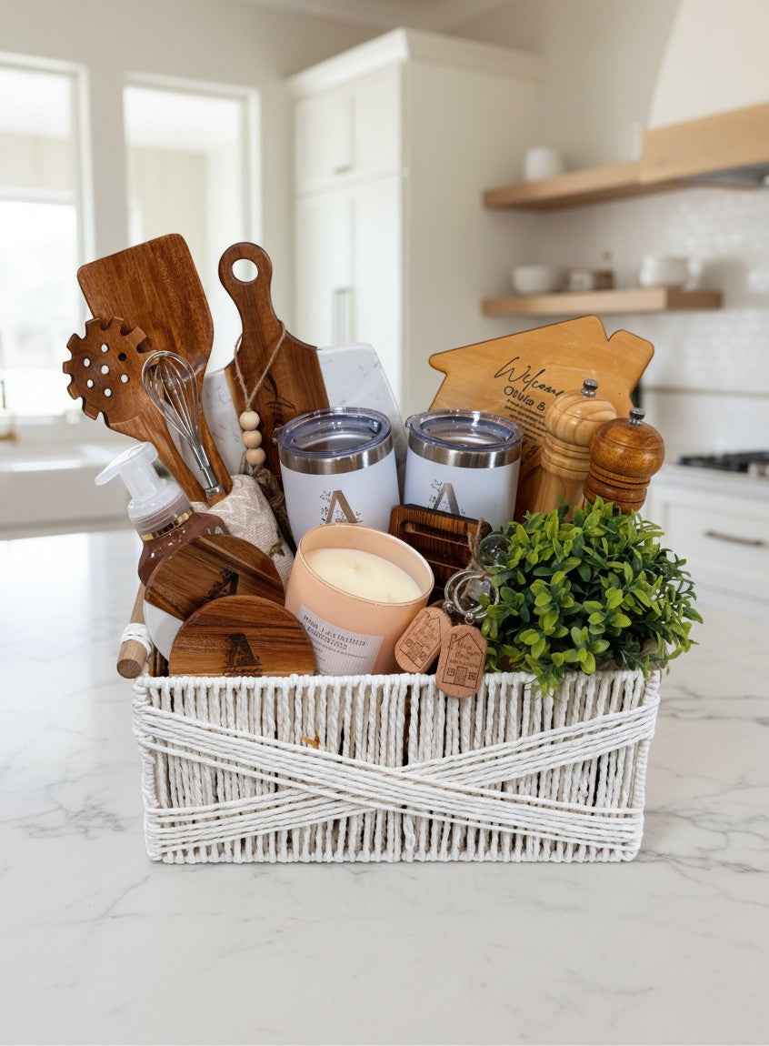 Kintoir luxury housewarming gift basket featuring personalized tumblers, engraved cutting board, and kitchen essentials.