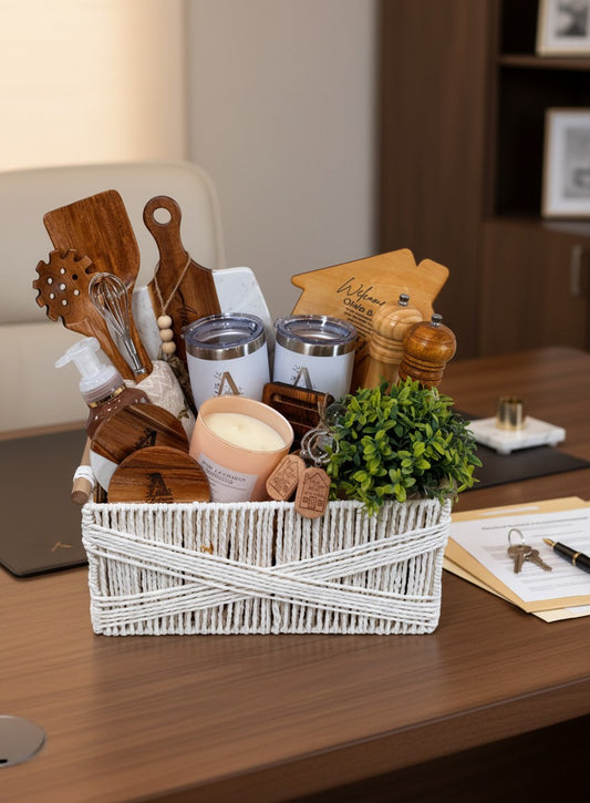 Kintoir luxury housewarming gift basket with personalized tumblers, wooden kitchen tools, and home decor accents.