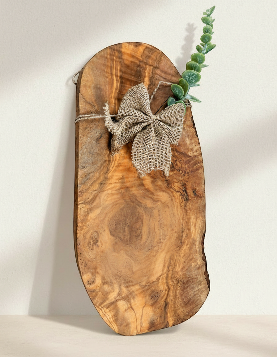 Kintoir premium olive wood serving board with natural grain, rustic burlap bow, and decorative eucalyptus sprig.