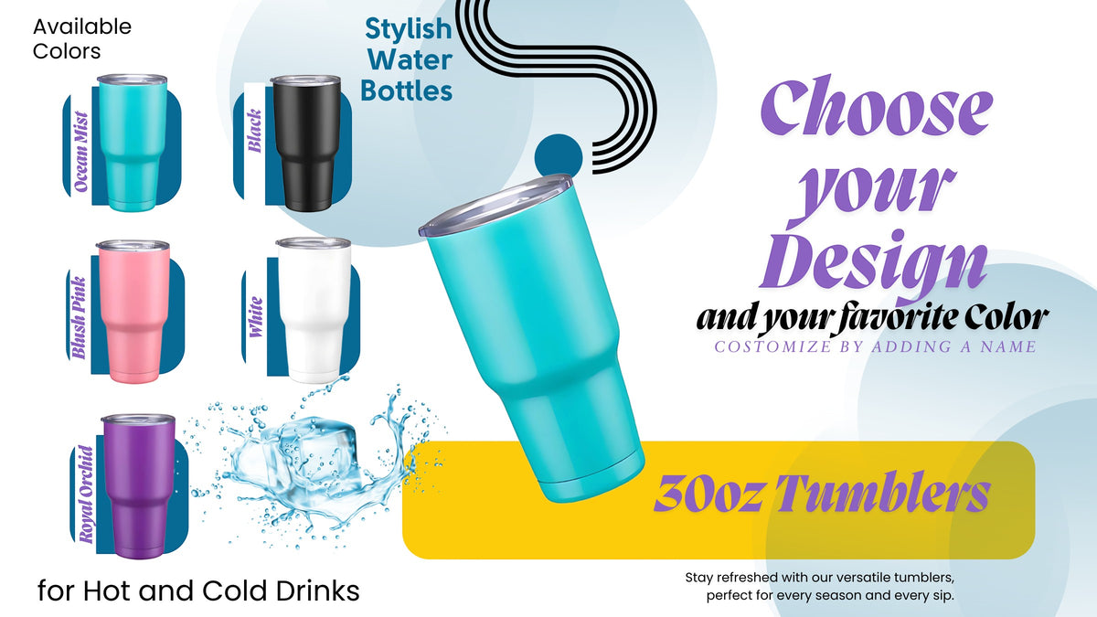 Kintoir 30oz personalized tumblers in various colors including ocean mist, black, blush pink, white, and royal orchid.