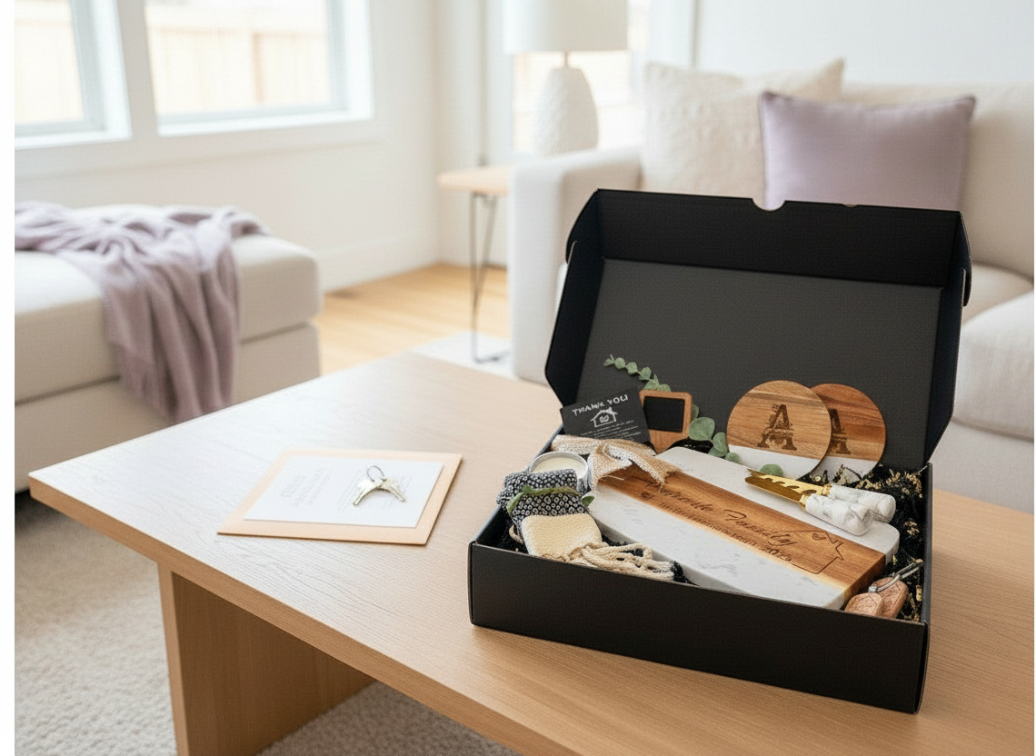 Personalized closing gift box styled on a table with engraved cutting board and coordinated home gifts