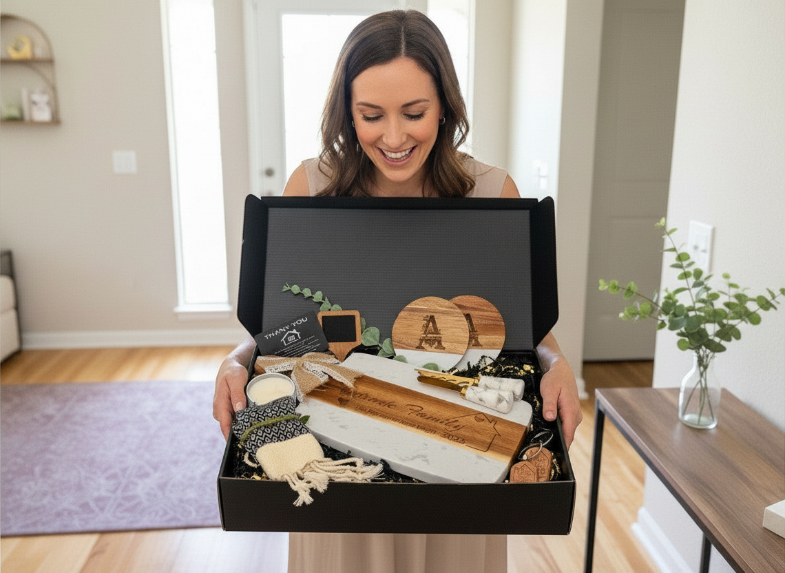 Made to Impress personalized client gift box with engraved cutting board, coasters, keychains and home accents