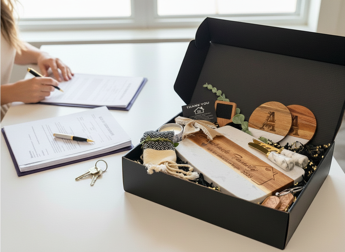 Made to Impress client appreciation gift box displayed in a professional desk setting