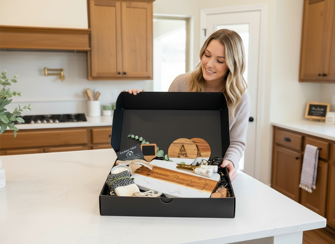 Woman holding Made to Impress personalized client gift box in a bright kitchen