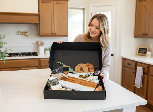 A woman smiling while opening a Kintoir personalized client gift box filled with a cutting board, coasters, and accessories.