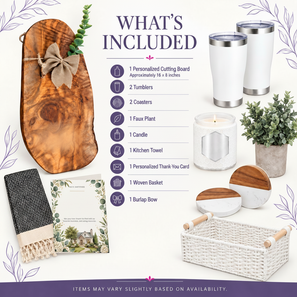 Kintoir Grand Closing gift basket contents including olive wood board, tumblers, and home decor.