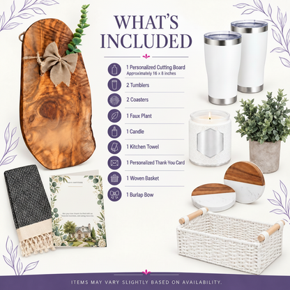 Kintoir Grand Closing gift basket contents including olive wood board, tumblers, and home decor.