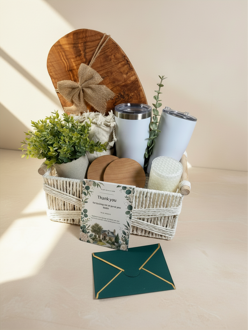 Kintoir Grand Welcome ready-to-gift closing basket with olive wood board, tumblers, coasters, candle, plant and kitchen towel