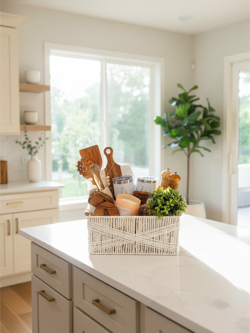 Personalized closing gift basket displayed in an elegant kitchen for new homeowners