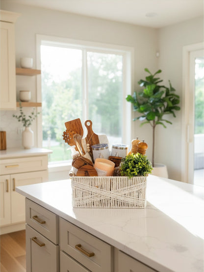 Personalized closing gift basket displayed in an elegant kitchen for new homeowners