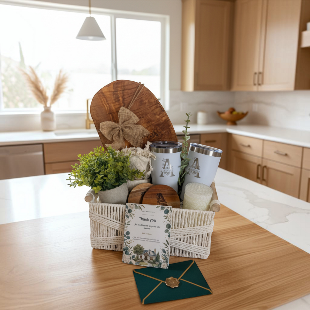 Grand Welcome Realtor closing gift basket displayed in a kitchen with personalized board, tumblers and greenery