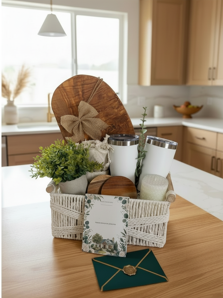 Premium olive wood cutting board included in Kintoir ready-to-gift Realtor closing basket